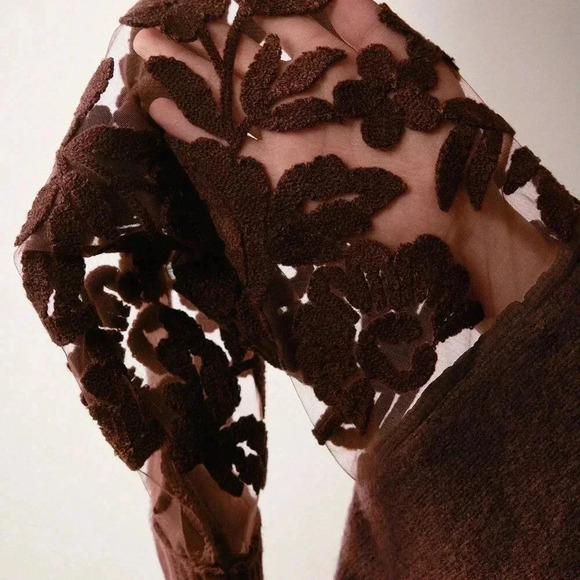 Coffee Brown Casual Women's Floral Pattern Knit Round Neck Drop Shoulder Sweater - Picture 6 of 6